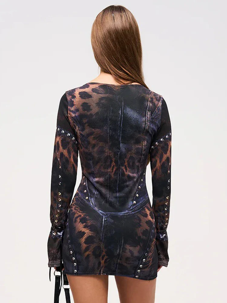 Print Trompe L'Oeil Studded Denim Corset Mini Dress