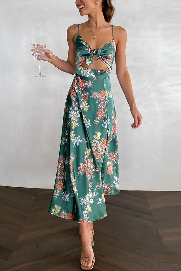 Floral Print Tie Front Sweetheart Cutout Midriff Slit Satin Maxi Dress