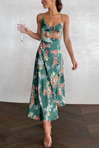 Floral Print Tie Front Sweetheart Cutout Midriff Slit Satin Maxi Dress