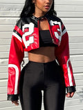Contrast Color Letter Print Zip Up Cropped Jacket