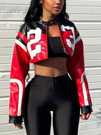 Contrast Color Letter Print Zip Up Cropped Jacket