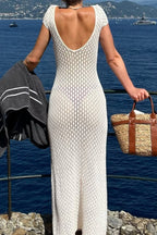 White Cap Sleeve U Neck Keyhole Crochet Pointelle Knit Maxi Dress