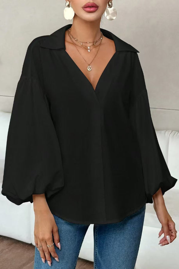 Stylish Polka Dot Print Collared Puff Sleeve Loose Shirt