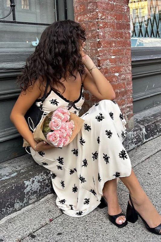 White Spaghetti Strap V Neck Lace Trim Ditsy Floral Print Slip Maxi Dress