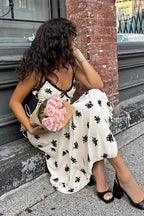 White Spaghetti Strap V Neck Lace Trim Ditsy Floral Print Slip Maxi Dress