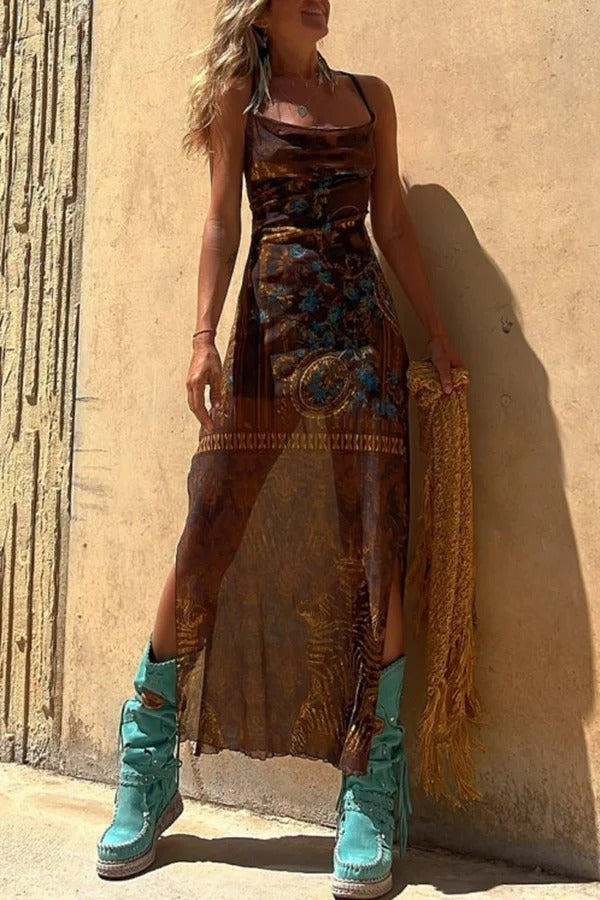 Griselda Exclusive Midi Dress with a Unique Gypsy Style Print, Cowl Neckline At the Back, Lace Up Fastening and Slit Evening Wear Edit