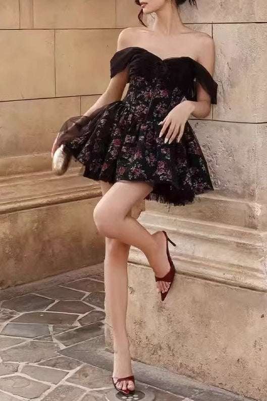 Black Off Shoulder Sweetheart Corset Floral Tulle Overlay Mini Dress