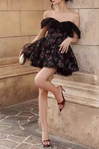 Black Off Shoulder Sweetheart Corset Floral Tulle Overlay Mini Dress