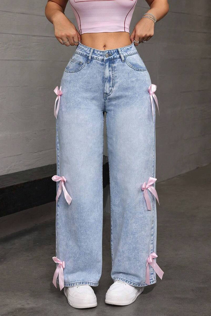 Y2K Bow Applique Washed Relaxed Jeans