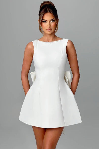 Pearl Trim Boat Neck Fit and Flare Back Bow Mini Dress