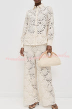 Lillah Embroidered Lace Shell Pattern Elastic Waist Pocket Wide Leg Pants