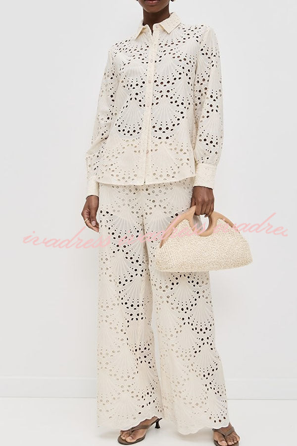 Lillah Embroidered Lace Shell Pattern Long Sleeve Loose Blouse
