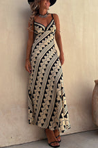 Geometric Zigzag Print Spaghetti Strap Deep V-Neck Maxi Dress