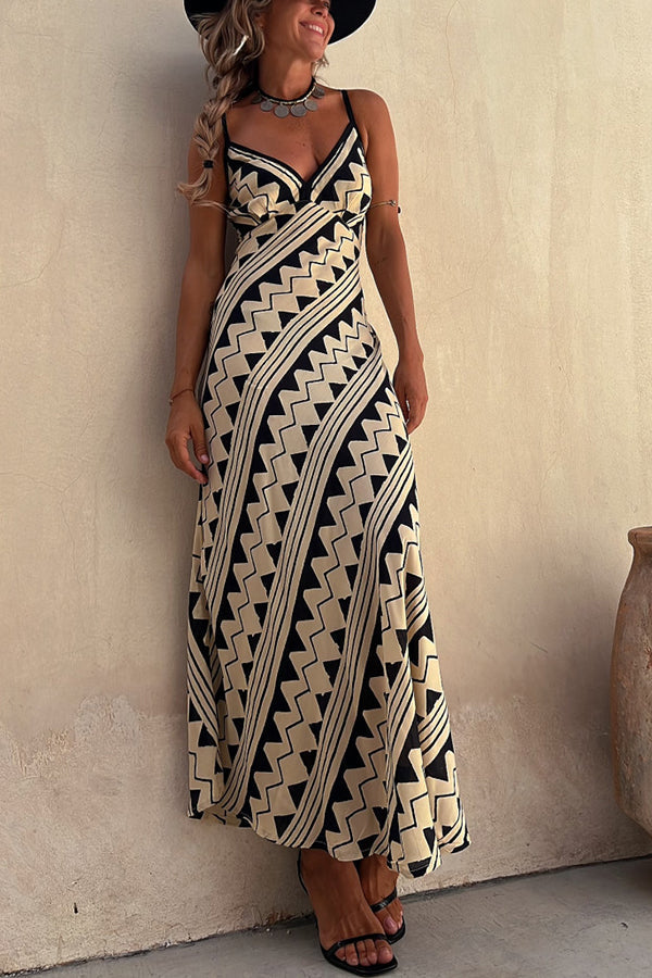 Geometric Zigzag Print Spaghetti Strap Deep V-Neck Maxi Dress