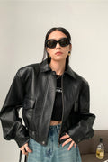 Short PU Leather Notch Lapel Jacket