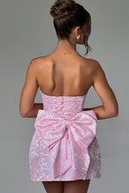 Jacquard Floral Strapless Bow Back Pocket A-Line Mini Dress
