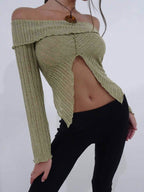 Solid Color Off Shoulder Front Slit Long Sleeve Knit