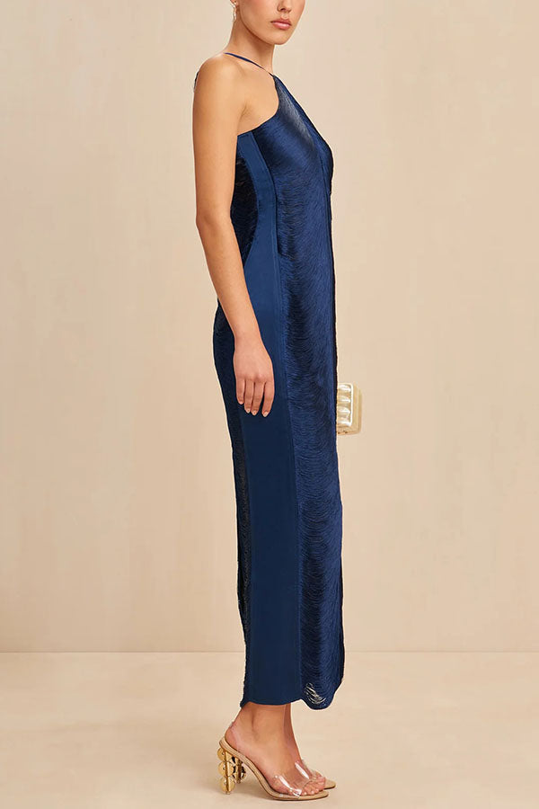 Metallic Pleated Fringe Halter Neck Backless Slit Maxi Gown