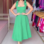 Bow Shoulder Square Neck High Waist Pleated A-Line Midi Dress