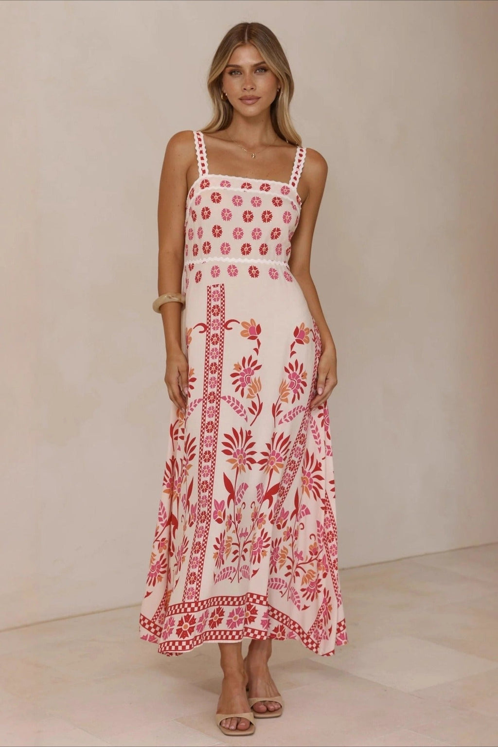 Square Neck Lace Trim Empire Waist Geometric Floral Border Maxi Dress
