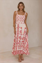 Square Neck Lace Trim Empire Waist Geometric Floral Border Maxi Dress