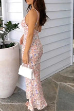 Floral Print Lace Trim Deep V-Neck Spaghetti Strap Slip Maxi Dress