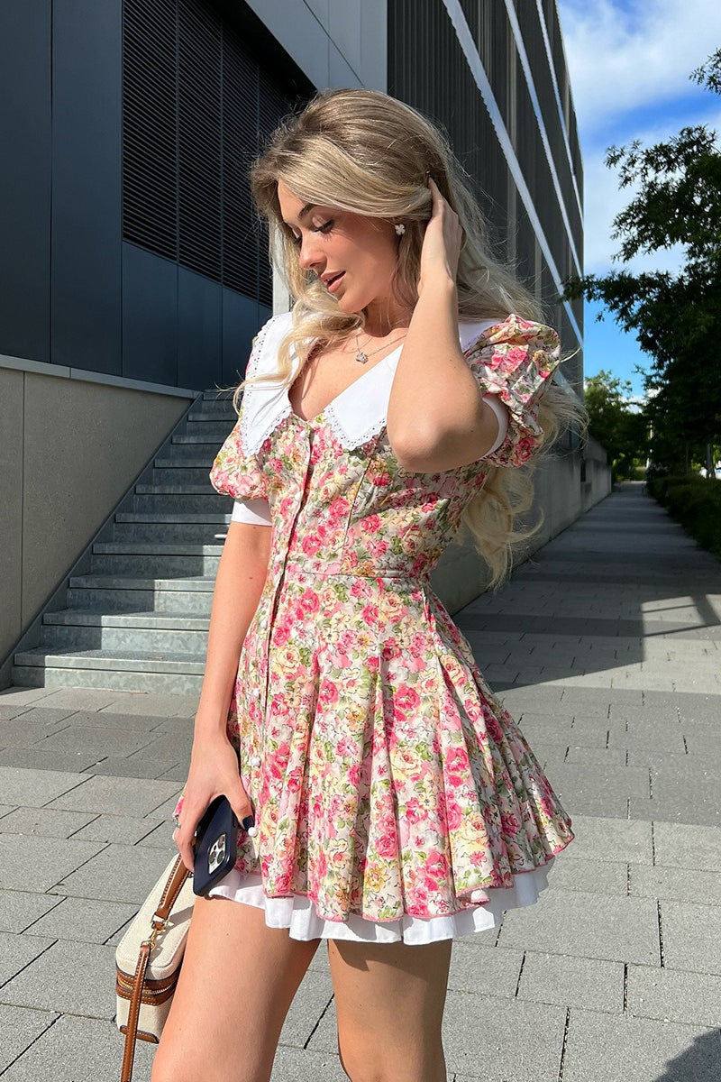 Pink Peter Pan Collar Puff Sleeve Button Front Pleated Ruffle Hem Floral Print Mini Dress
