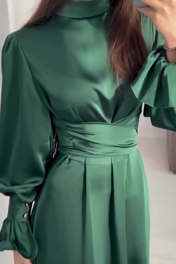 Mock Neck Bishop Sleeve Ruched Waist Satin Maxi Dress