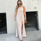 Crew Neck Tiered Seam Double Front Slit Sleeveless Maxi Dress