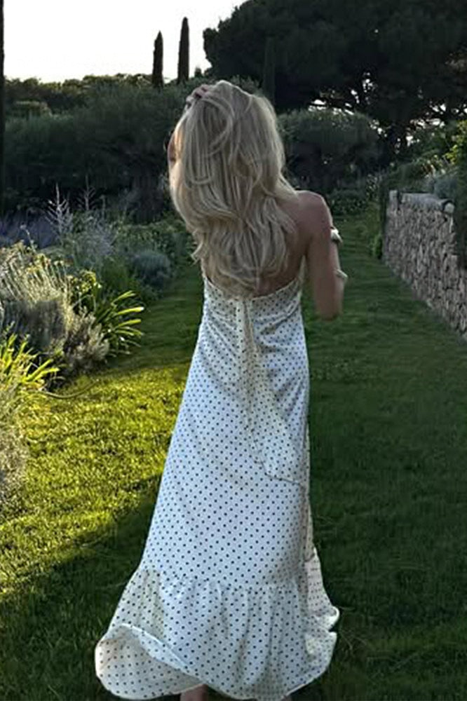 Polka Dot Halter Back Sash Tie Ruffle Hem Backless Satin Maxi Dress