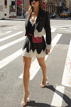 Pinstripe Lace Trim Cropped Blazer and Mini Skirt Two Piece Set