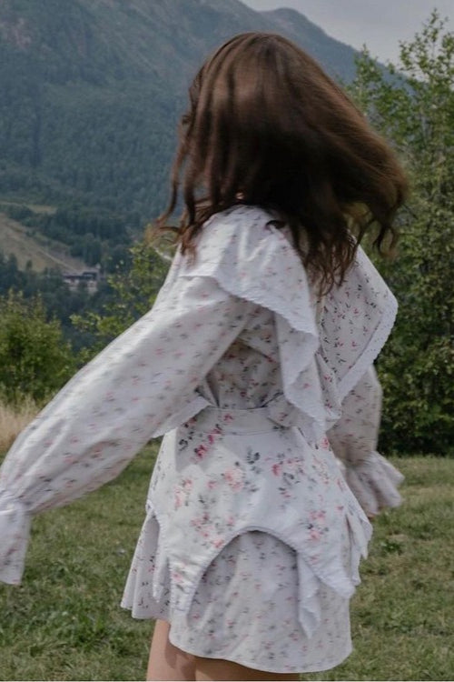 White Long Sleeve Ruffle Trim Detachable Belt Mini Floral Print Dress