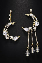 Rhinestone-Embellished Moon and Tassel Drop Earrings