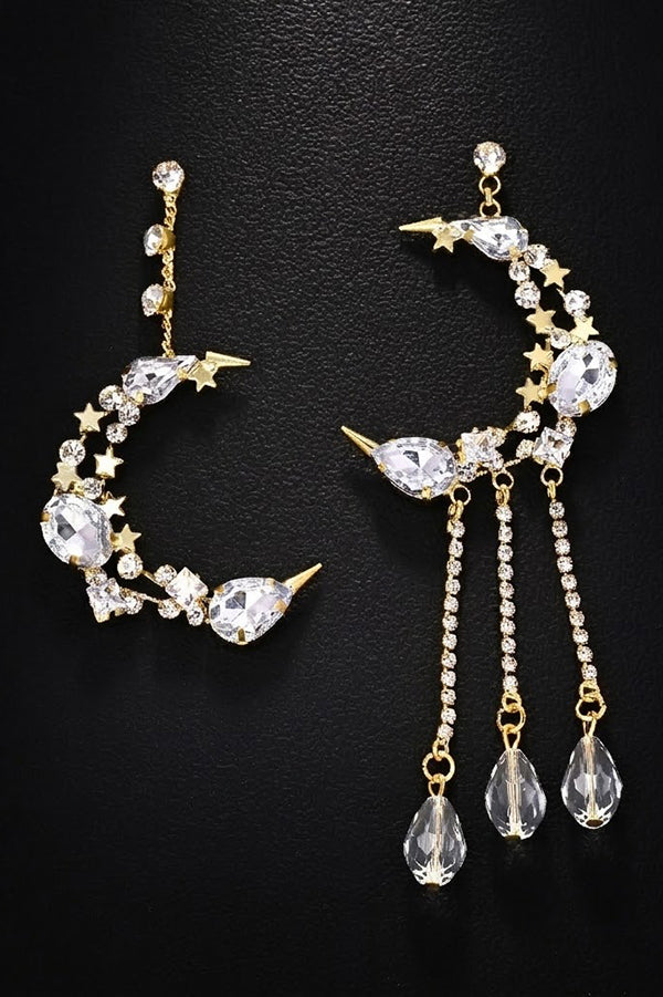 Rhinestone-Embellished Moon and Tassel Drop Earrings