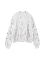Star Embroidered Print Cable Knit V Neck Cardigan