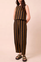 Striped Printed Crew Neck Sleeveless Top and Elastic Waist Wide-leg Pants Set