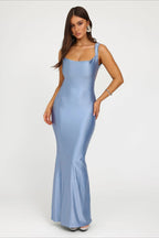 Satin Spaghetti Strap Side Cut Out Deep Backless Bodycon Maxi Gown