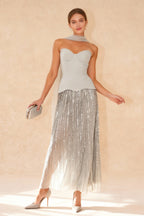 Strapless Corset Sweetheart Sequin Stripe Floor Length Maxi Dress