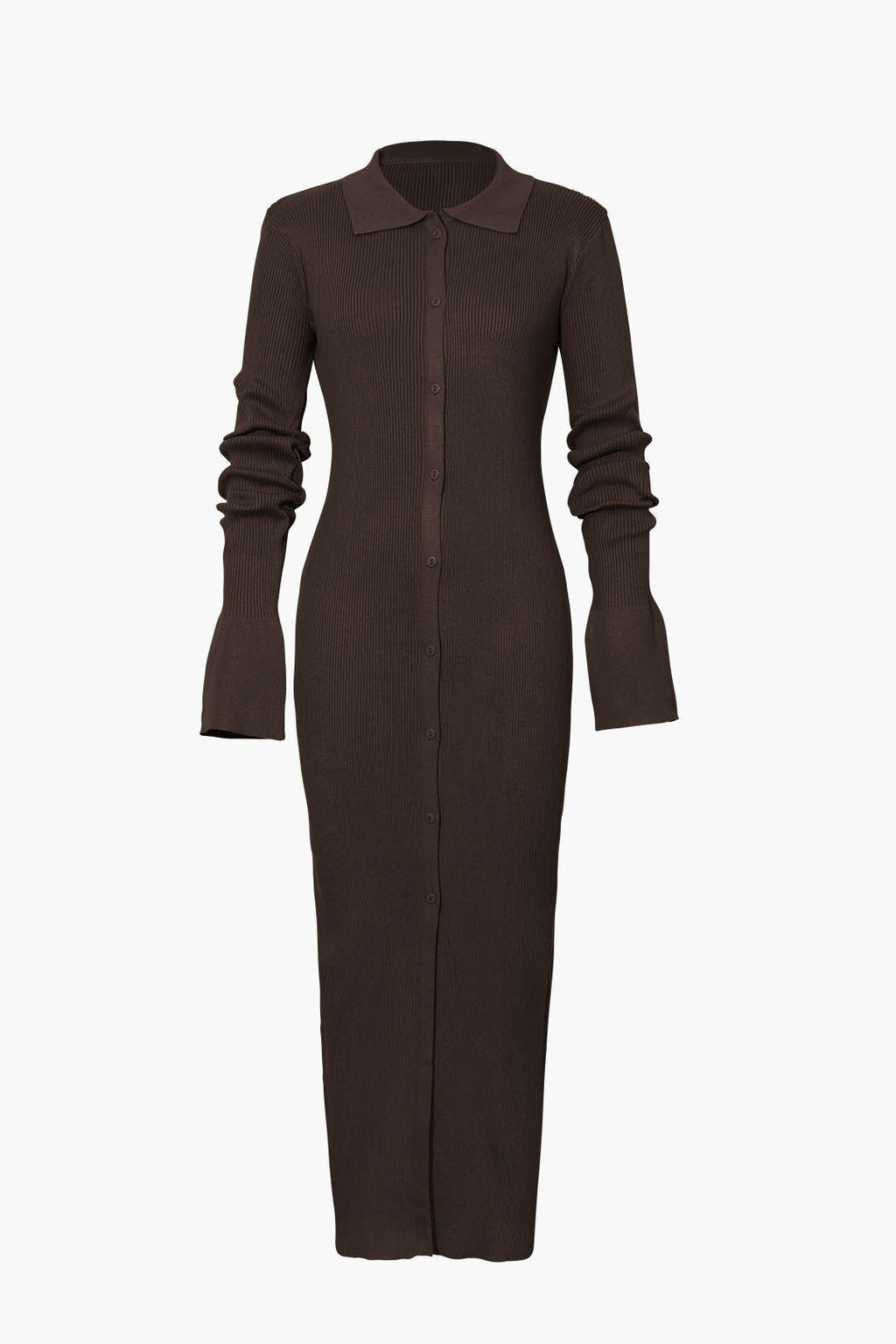 Rib Knit Polo Collar Button Front Flared Cuff Maxi Dress