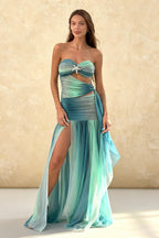 Strapless Sweetheart Starfish Brooch Cut Out Layered Chiffon Maxi Dress
