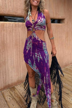 Unique Printed Halter Neck Waist-revealing Asymmetrical Maxi Dress