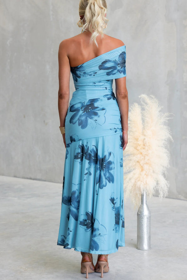 Floral Print Elegant Mesh Off-shoulder Fitted Maxi Dress