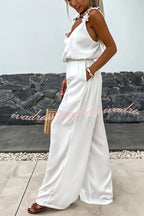 Solid Color Embroidered Flower Suspenders Casual Loose Jumpsuit