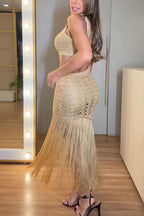 Refresh Style Knit Hollow Out One Shoulder Cutout Waist Tassel Hem Maxi Dress