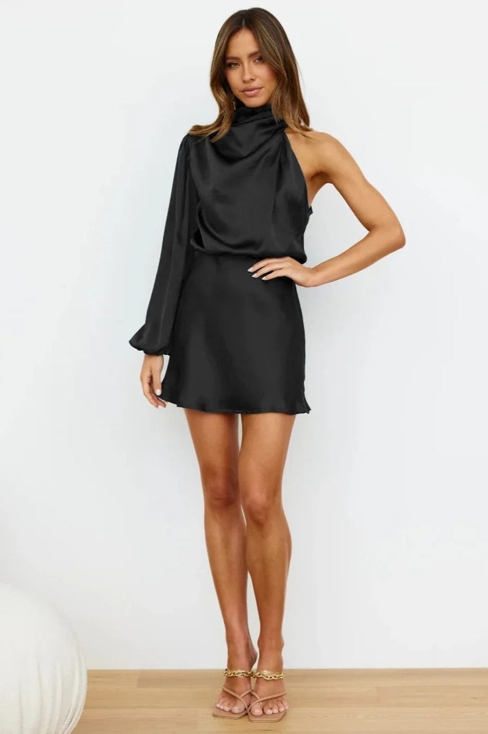 Satin One Shoulder Cowl Neck Bishop Sleeve A-Line Mini Dress