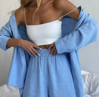 Fashion Solid Color Long Sleeves Shirt Loose Shorts Suit