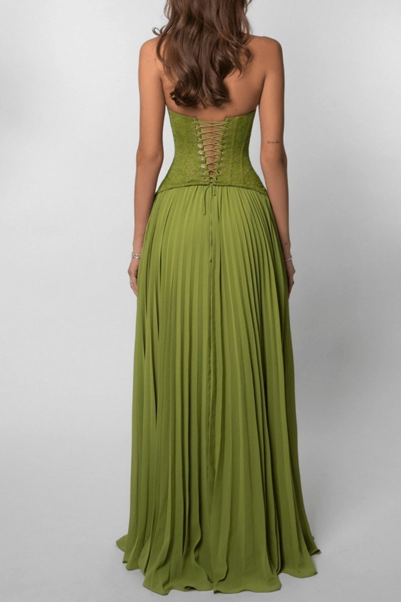 Halter Deep V Neck Lace Bodice Accordion Pleated Maxi Dress