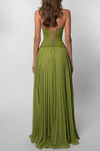 Halter Deep V Neck Lace Bodice Accordion Pleated Maxi Dress