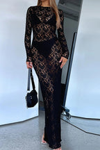 Floral Lace Sheer Long Sleeve Crew Neck Bodycon Maxi Dress
