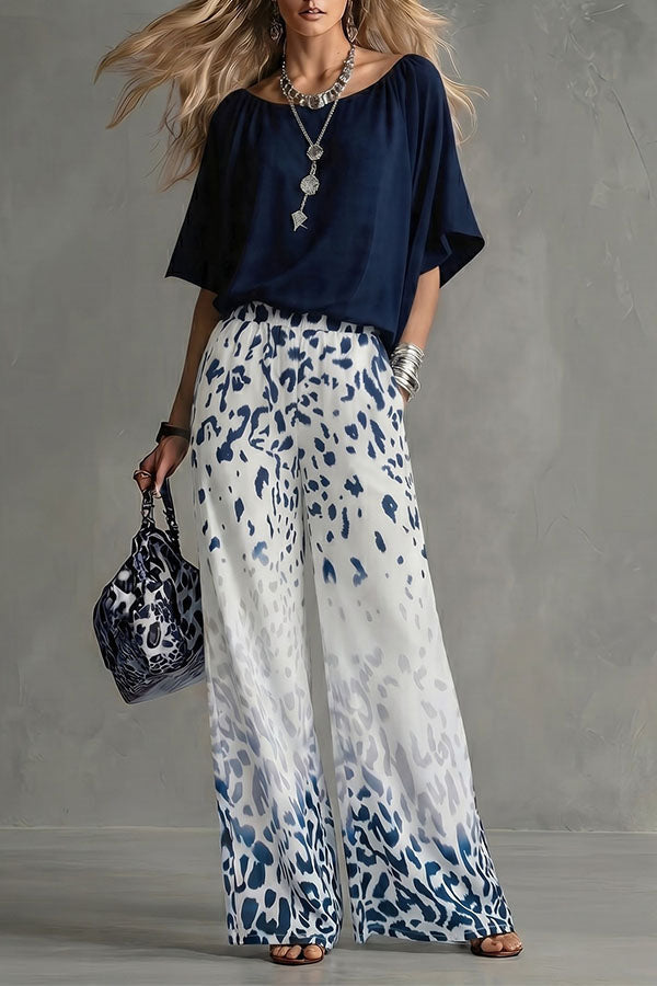 Safari Glam Draped Blouse & Ombre Leopard Wide-Leg Trousers Set